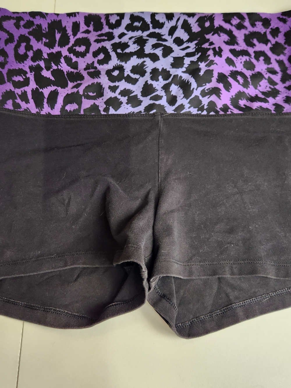 PINK Victoria's Secret Fold-Over Waist Black Shorts with Purple Leopard Print - Picture 3 of 10